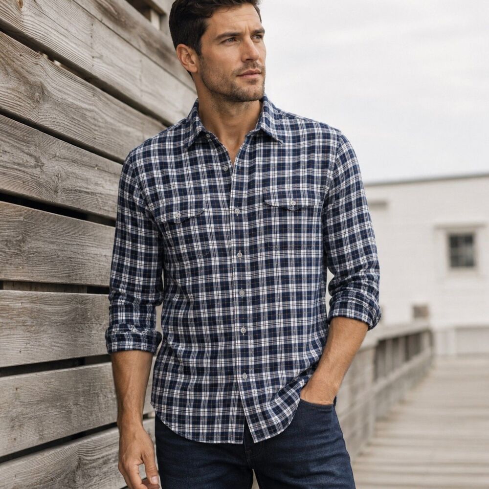 PAIGE Mens Plaid Flannel Shirt Blue White Cotton Button Up Sz M Western Outdoor